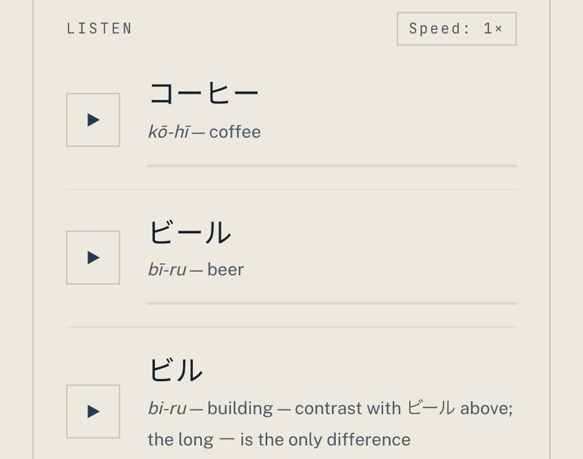 A Listen card with a speed chip and three spoken phrases: コーヒー, ビール and ビル, the last two placed together because the long vowel is the only difference.