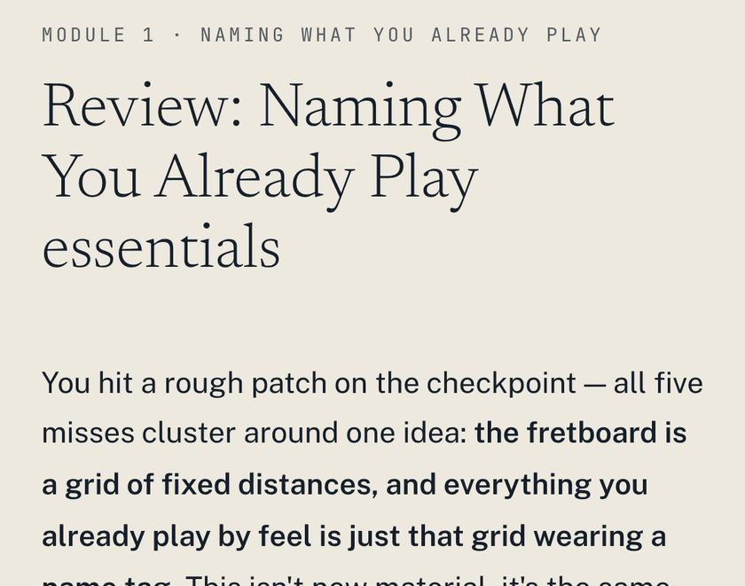 A review lesson's title, 'Review: Naming What You Already Play essentials', and its opening lines: all five missed questions cluster around one idea.
