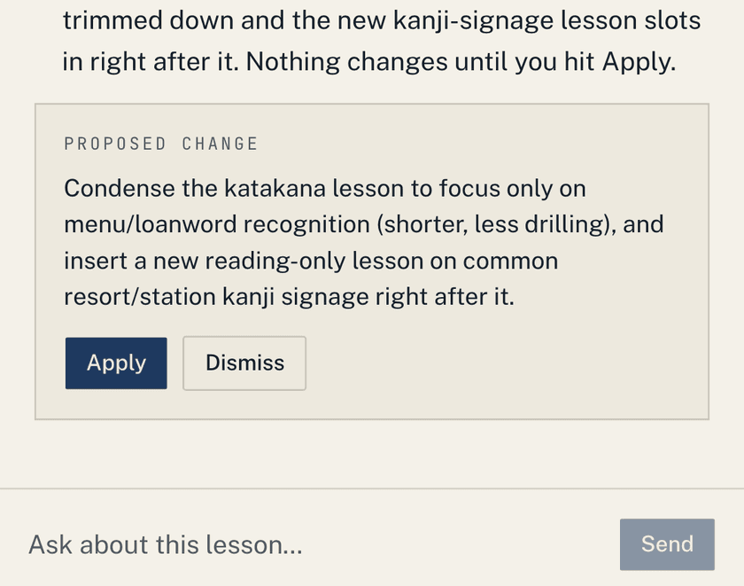An open Proposed change card in the Ask Hakken panel — condense the katakana lesson and add a kanji-signage lesson after it — with Apply and Dismiss buttons.