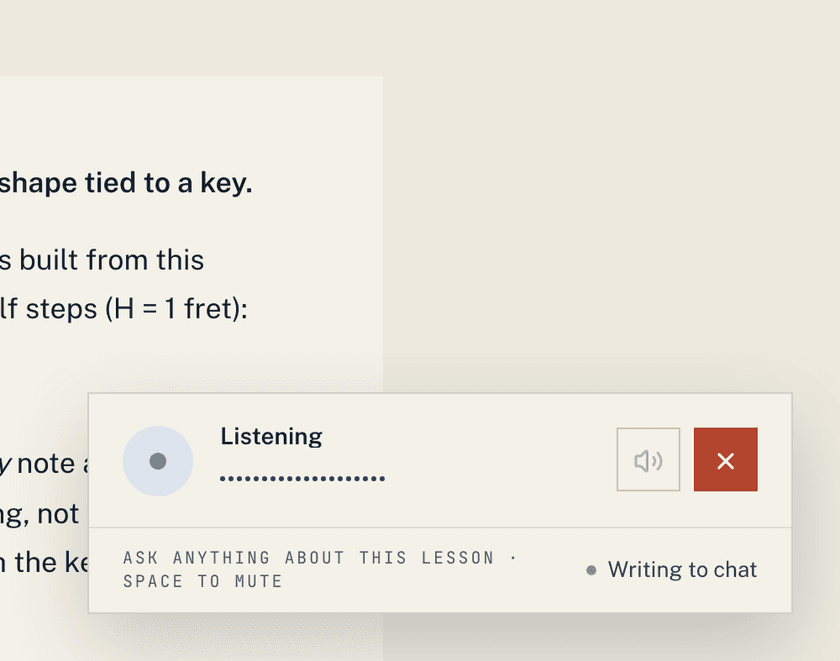 The voice tutor dock floating over a lesson: 'Listening' with a waveform, mute and end buttons, the hint 'Ask anything about this lesson · Space to mute', and 'Writing to chat'.