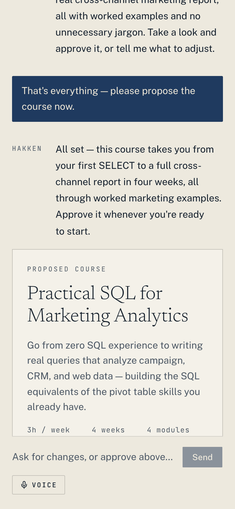 A proposed course outline tailored to the learner, on a phone.
