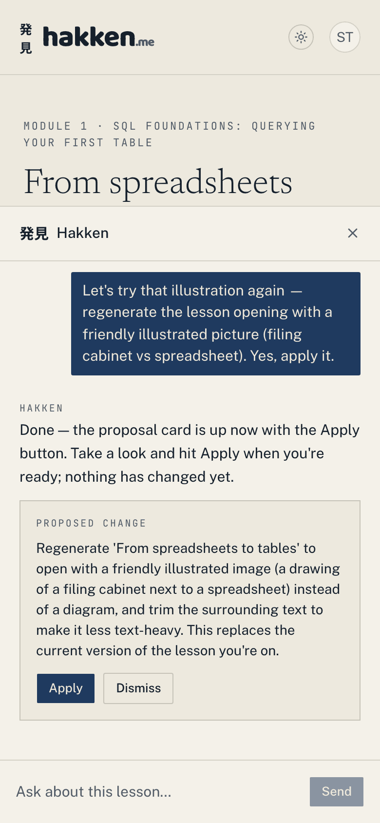 The Ask Hakken tutor proposing a change to a lesson, on a phone.